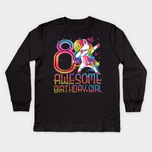 8th Birthday Girl 8 Years Old Awesome Unicorn Dabbing Bday Kids Long Sleeve T-Shirt